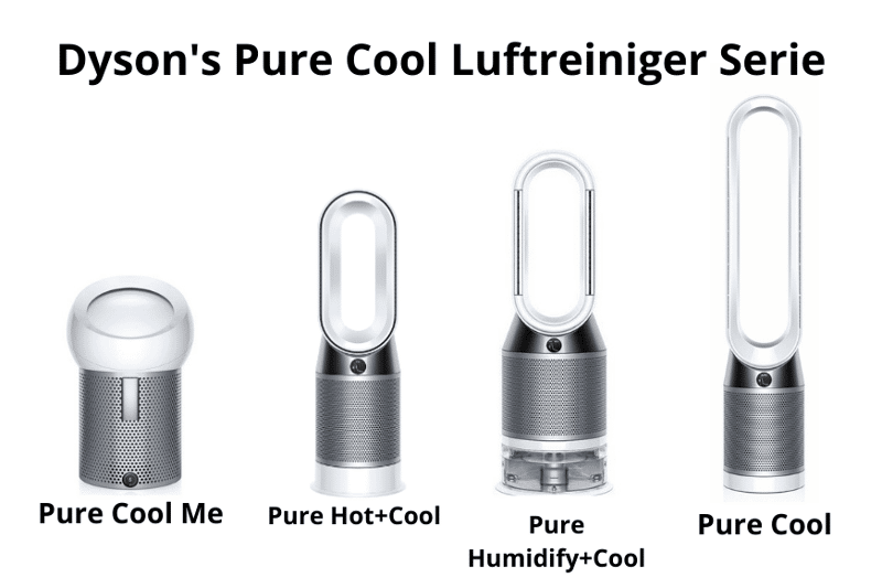 Verschiedene Dyson Luftreiniger sind zu sehen.